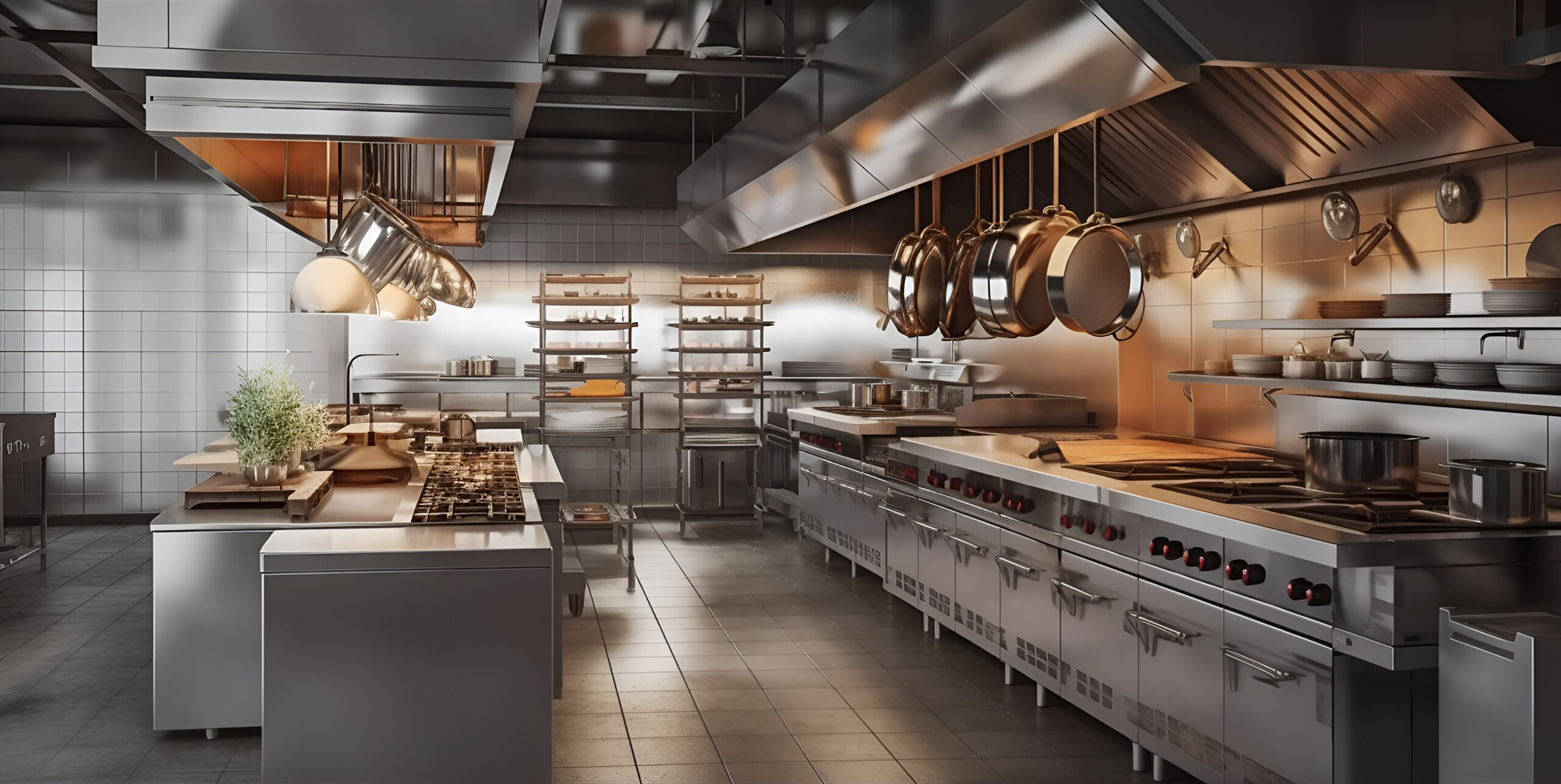 Turnkey commercial kitchen installation with stainless steel prep line